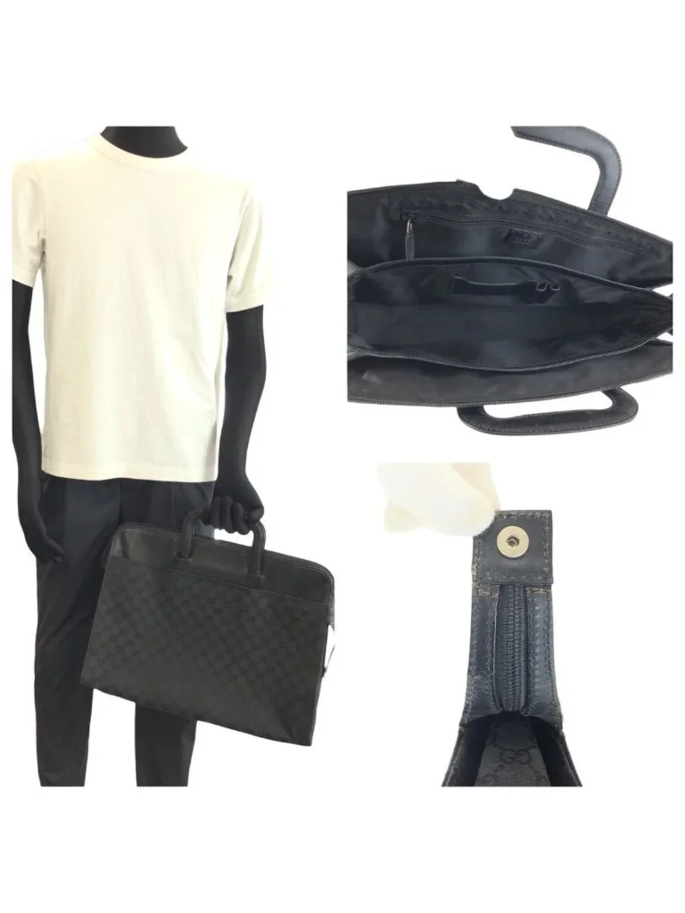 Gucci Black Silver GG Canvas Leather Business Briefcase